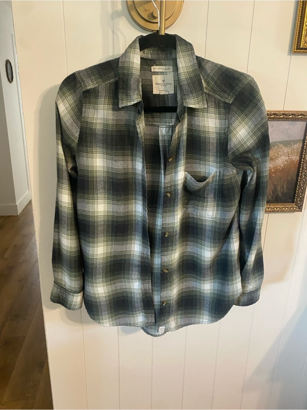 American Eagle Outfitters women’s green and White Plaid Button-Down Shirt